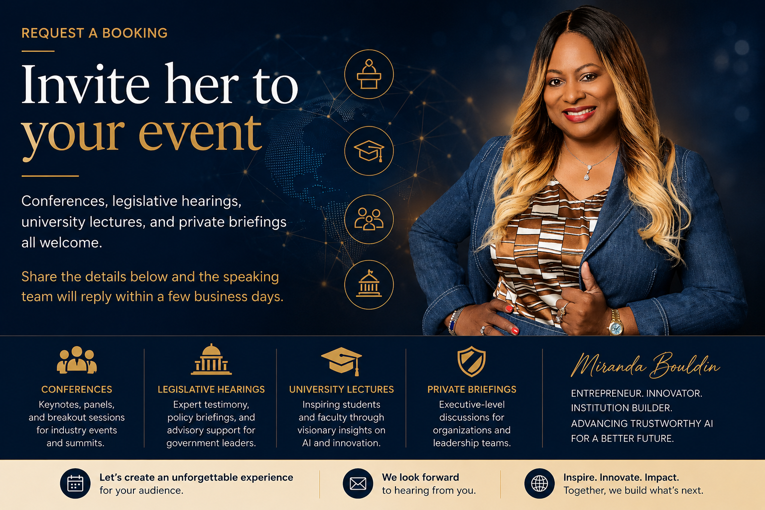 Invite Miranda Bouldin to your event — conferences, legislative hearings, university lectures, and private briefings