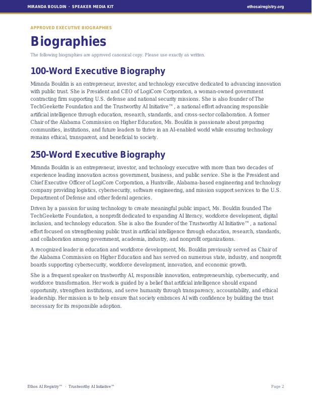 Media Kit page 3 — Short Biography (100 words)